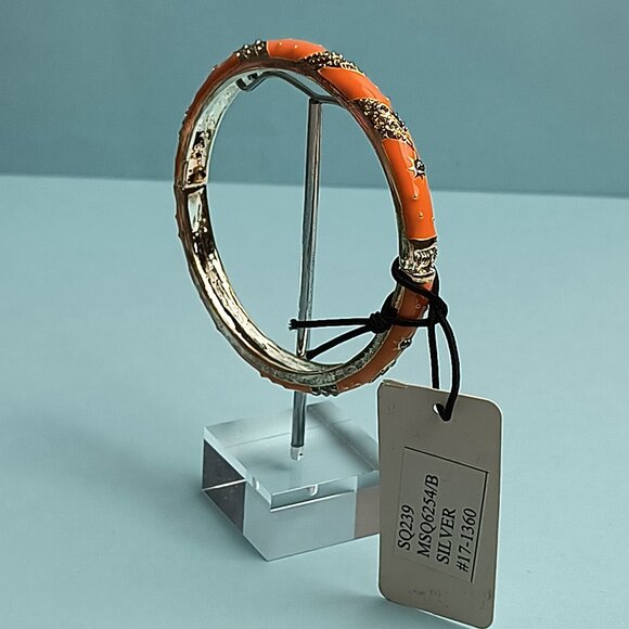 NORDSTROM Sequin Enamel Hinge Bangle Bracelet Clamper Start Orange Rhinestone - Picture 1 of 5